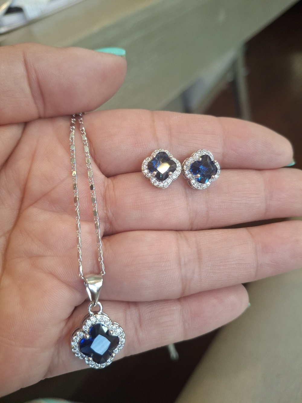 Silver Necklace and Stud Earrings Set with Blue Gemstones